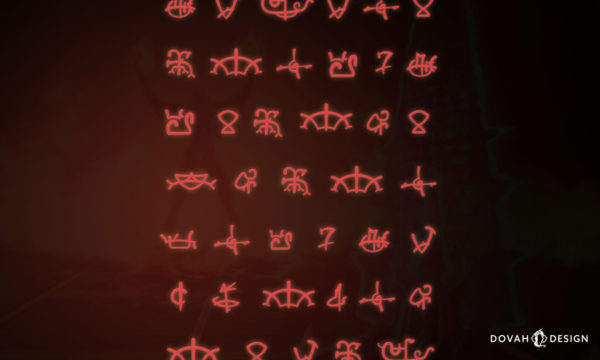Example use of the Doom Runes in vector format, red runes in tiled pattern with glowing effect.