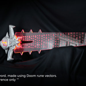 DOOM Crucible sword prop on black background, with text over image that reads "Prop Crucible sword, made using Doom rune vectors. Sword for reference only"