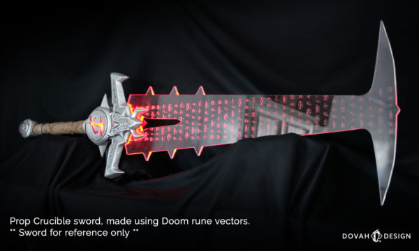 DOOM Crucible sword prop on black background, with text over image that reads "Prop Crucible sword, made using Doom rune vectors. Sword for reference only"