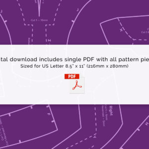 Purple technical drawing with text over top to describe Darth Revan cosplay helmet pattern download: "Digital download includes single PDF with all pattern pieces, sized for US letter 8.5 inches by 11 inches."