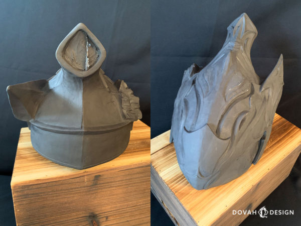 Two views of a cast of the Helm of Artorias, unfinished straight out of the mold. Left image shows the backside of the helmet, right image shows the top.