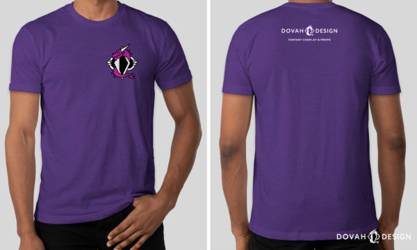 Custom ink mock up of the dovah design t-shirt with Dez the happy purple dragon, showing front and back views.
