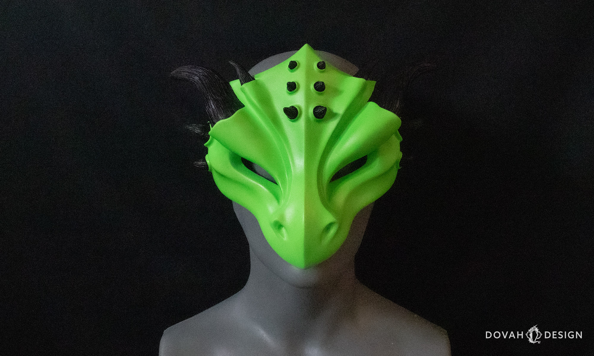 Forward facing neon green dragon mask