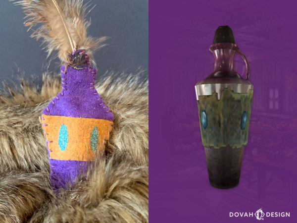 Dovah design's handmade skooma bottle cat toy (left), and in-game Skooma bottle superimposed over purple background (right).