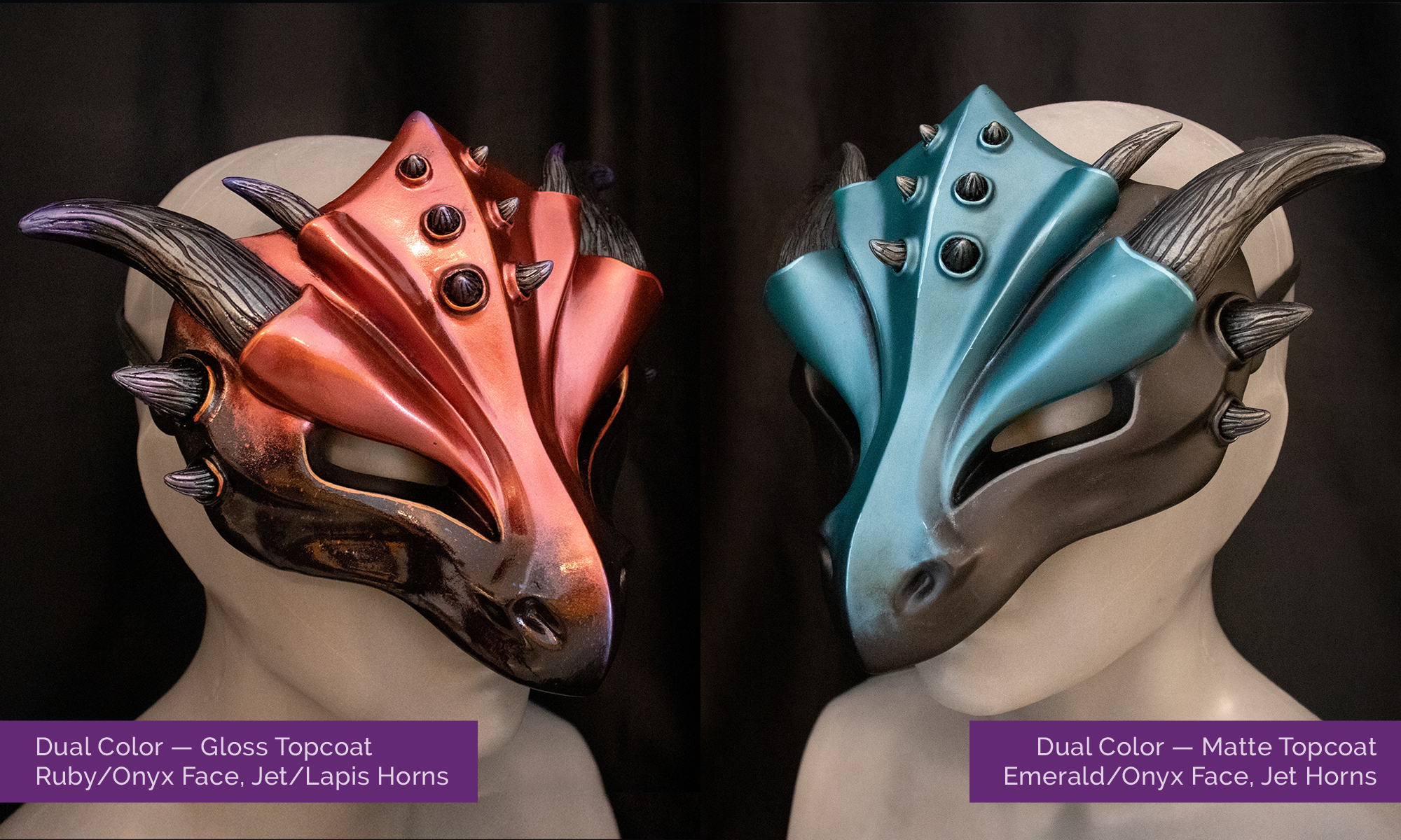 Two "dual color" custom dragon masks pictured facing into the center of the image, each tied onto a mannequin bust in front of a black background. Left caption reading: "Dual color — Gloss topcoat, Ruby/Onyx face, Jet/Lapis horns." Right caption reads: "Dual color — Matte topcoat, Emerald/Onyx face, Jet horns."