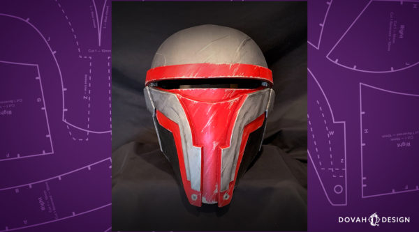 Darth Revan cosplay Helmet, centered photo on a purple technical drawing background.