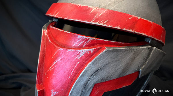 Close up detail of Darth Revan Helmet prop made by Dovah Design, with distressed paint and tinted visor.